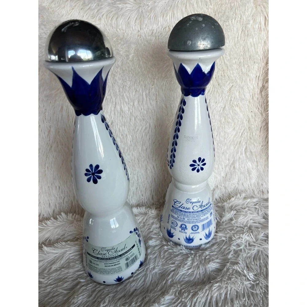 Clase Azul Empty Tequila‎ Bottles Set Hand Painted Ceramic Blue White Decor Bar